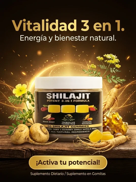 Shilajit Gummies Potent 3-in-1 Formula — Gomitas de Shilajit, Maca Root, Tribulus Terrestris y Korean Ginseng